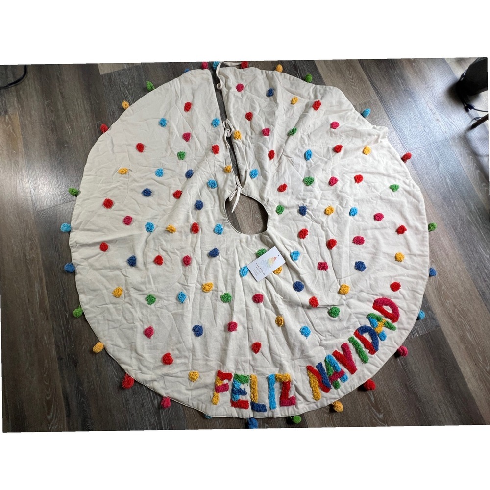 Isaac Mizrahi Tree Skirt Unisex 54" Cream Feliz Navidad Multi Pom Pom Canvas